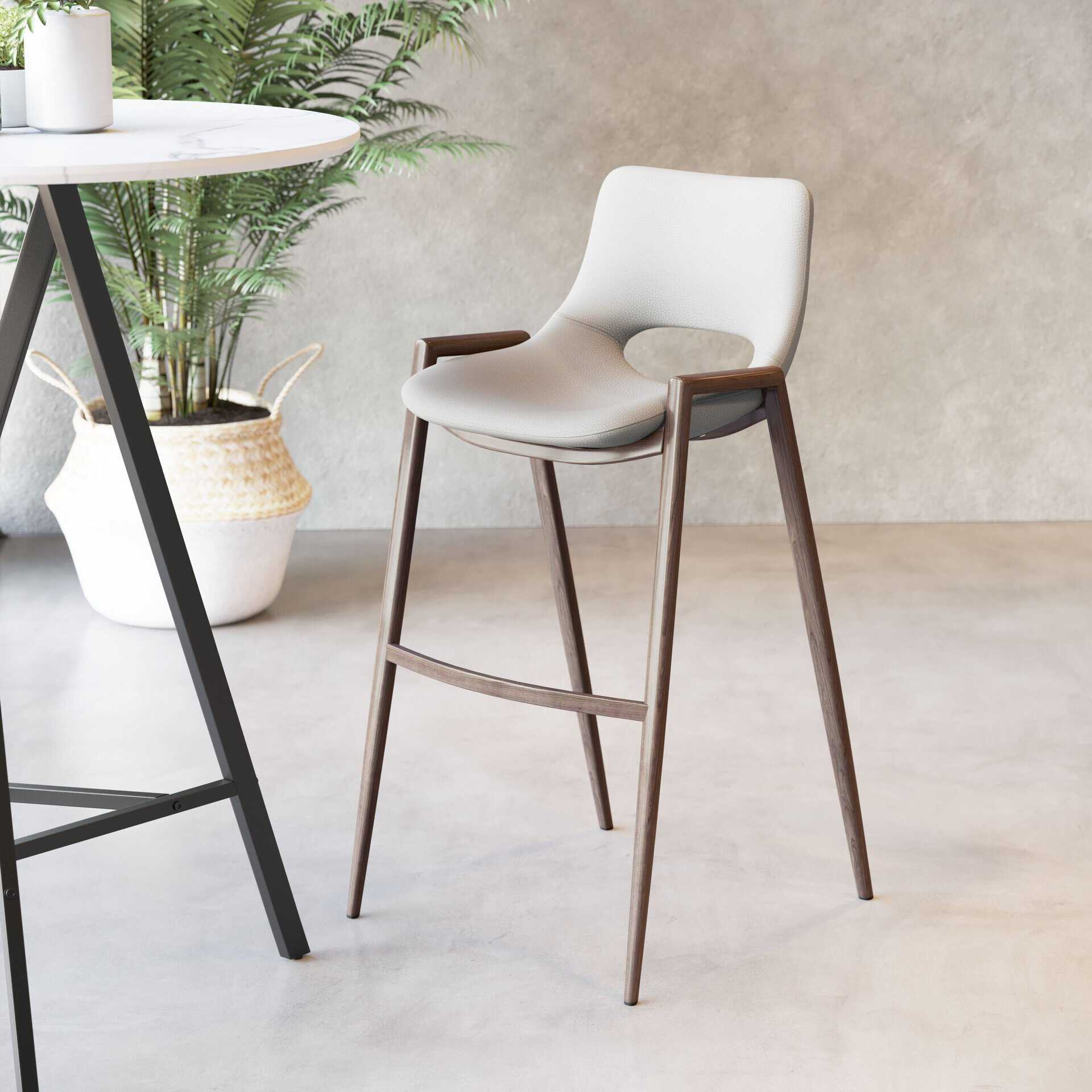 Mid-Century Modern Barstool with Faux Leather and Walnut Legs (Set of 2)