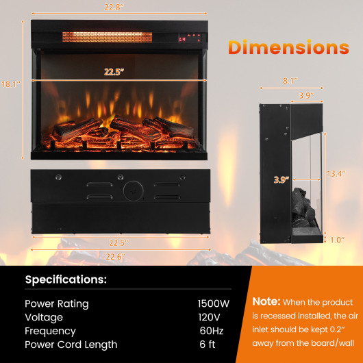 23-Inch 3-Sided Electric Fireplace Heater with Remote Control