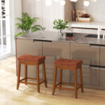 PU Leather Saddle Seat Bar Stools with Wood Legs (Set of 2)