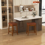 PU Leather Saddle Seat Bar Stools with Wood Legs (Set of 2)