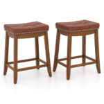PU Leather Saddle Seat Bar Stools with Wood Legs (Set of 2)