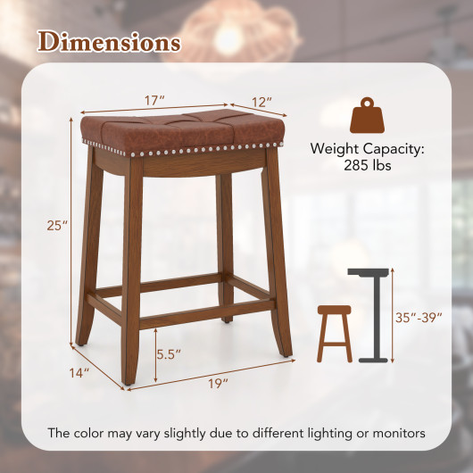 PU Leather Saddle Seat Bar Stools with Wood Legs (Set of 2) - Image 4