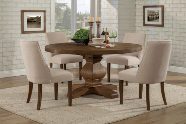 Walnut Solid Pine Farmhouse Round Dining Table With Pedestal Base