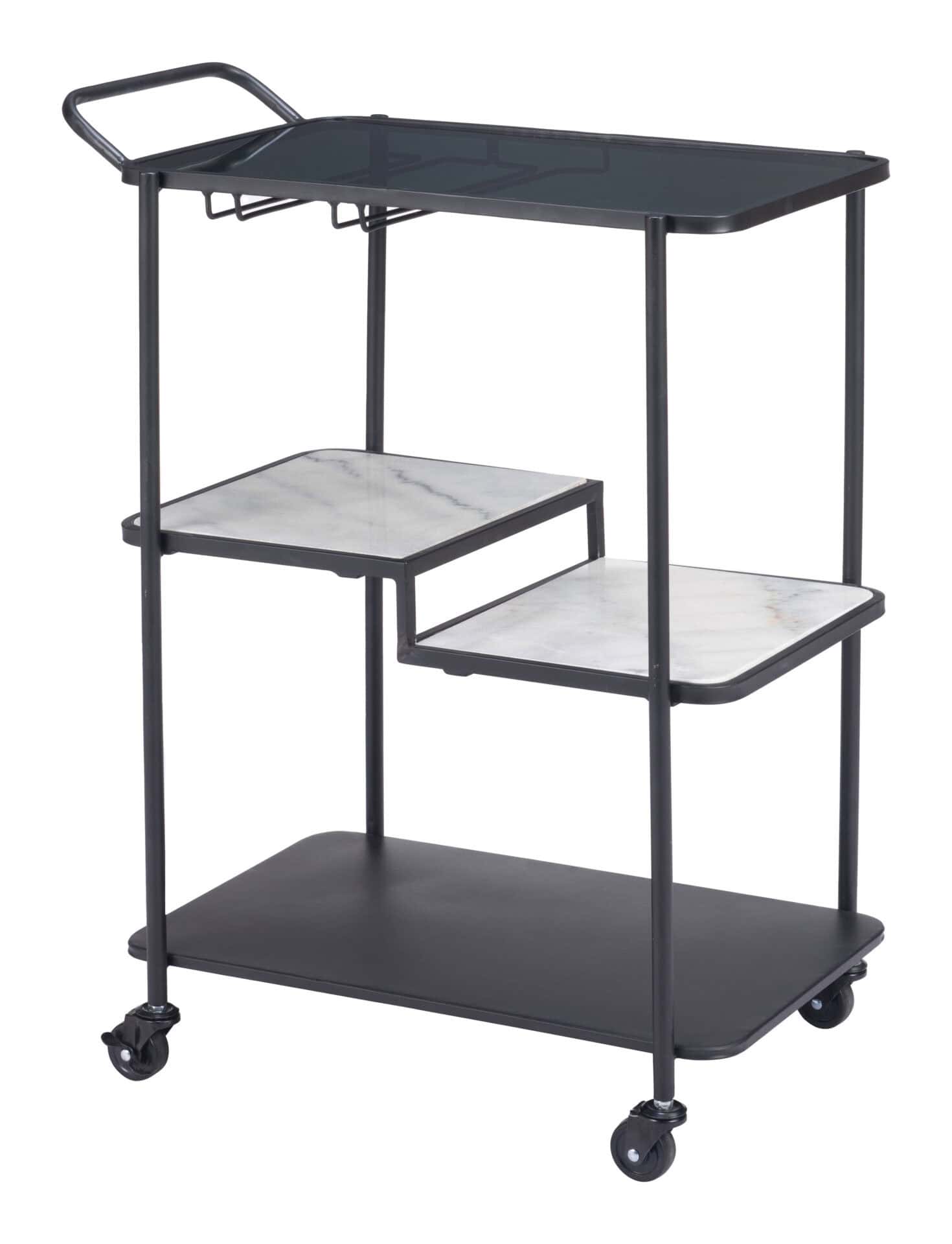 Black Bar Cart with Marble Accents and Glass Shelves 2 Black Bar Cart with Marble Accents and Glass Shelves - Image 2