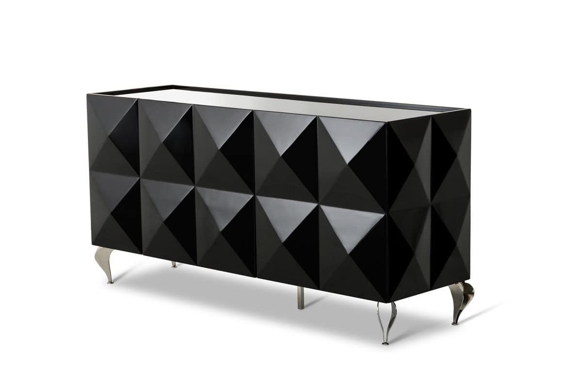 Contemporary Black Lacquer MDF and Steel Buffet with 3 Doors 2 Contemporary Black Lacquer MDF and Steel Buffet with 3 Doors - Image 2