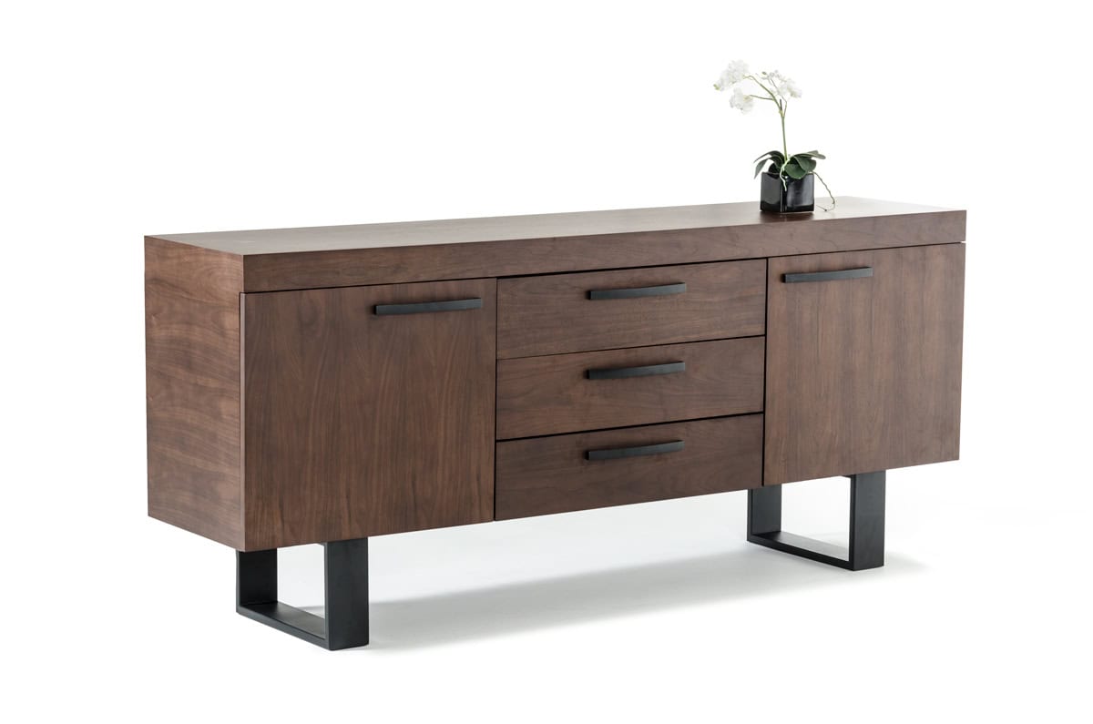 Walnut Veneer and Steel Buffet with Drawers and Doors 1 Walnut Veneer and Steel Buffet with Drawers and Doors