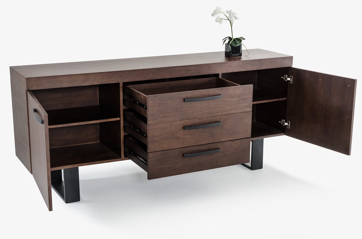 Walnut Veneer and Steel Buffet with Drawers and Doors 2 Walnut Veneer and Steel Buffet with Drawers and Doors - Image 2
