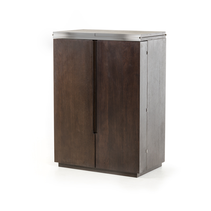 47 Inch Mid Century Brown Oak Veneer Wine Cabinet 3 47 Inch Mid Century Brown Oak Veneer Wine Cabinet - Image 3