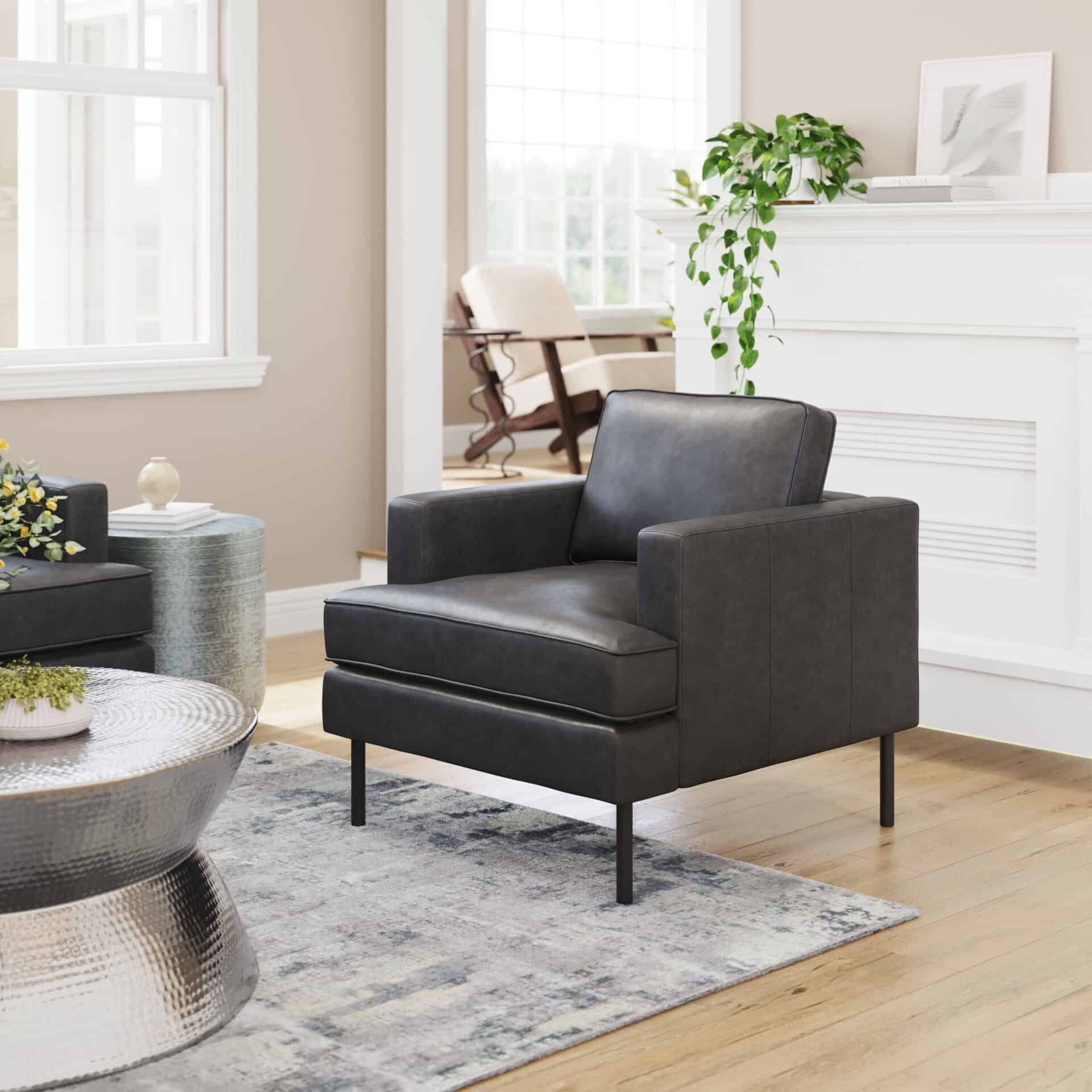 Vintage Gray Modern Armchair with Steel Legs and Armrests 1 Vintage Gray Modern Armchair with Steel Legs and Armrests