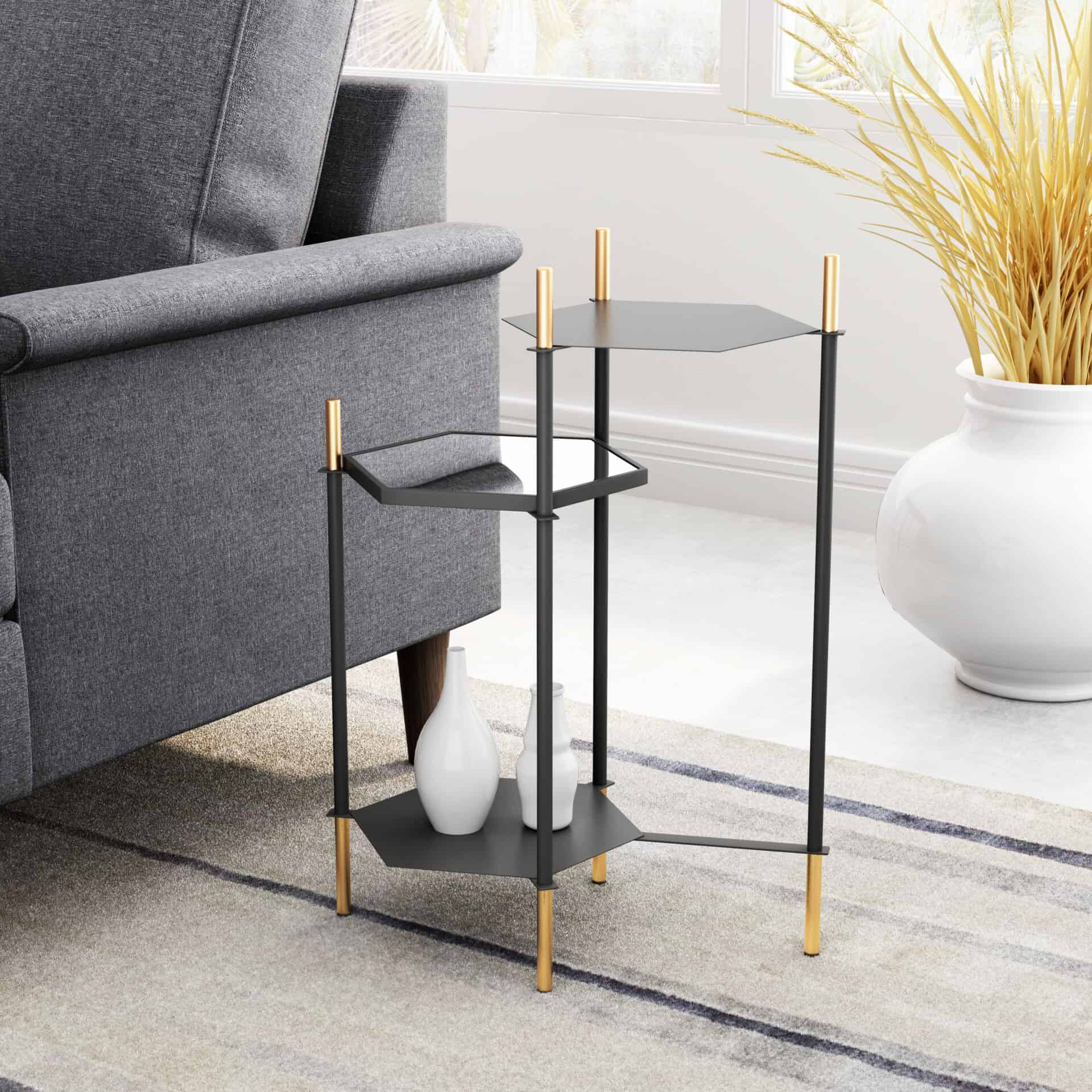 Hexagonal Black and Gold Side Table with Triple Storage Space 1 Hexagonal Black and Gold Side Table with Triple Storage Space