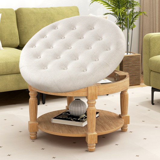 Round Tufted Ottoman Coffee Table with Hidden Storage Beige 2 Round Tufted Ottoman Coffee Table with Hidden Storage Beige - Image 2