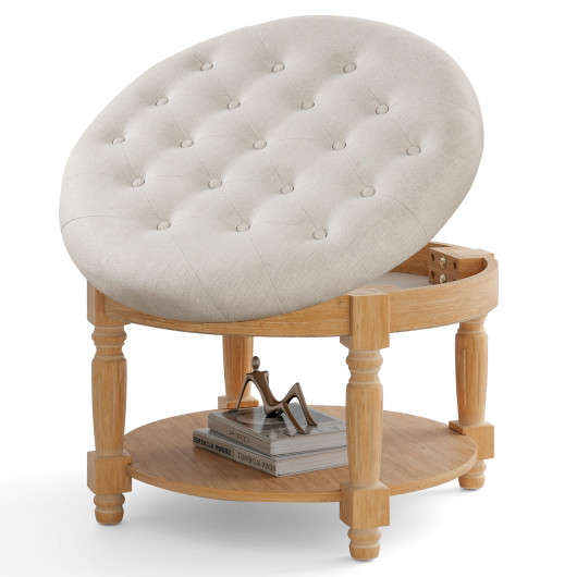 Round Tufted Ottoman Coffee Table with Hidden Storage Beige 4 Round Tufted Ottoman Coffee Table with Hidden Storage Beige - Image 4