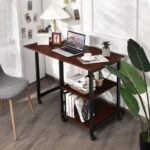 Folding Computer Desk with Storage Shelves and Lockable Wheels