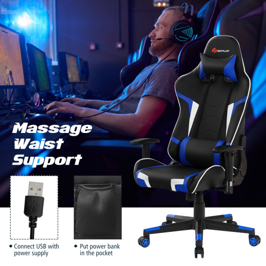 Ergonomic Swivel Reclining Gaming Chair with Massage, Lumbar Support, and Adjustable Backrest