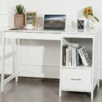 Modern White Computer Desk with Drawers and Shelf