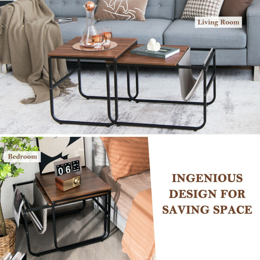 Rustic Brown Nesting Coffee Tables with Storage Pocket (Set of 2) 3 Rustic Brown Nesting Coffee Tables with Storage Pocket (Set of 2) - Image 3