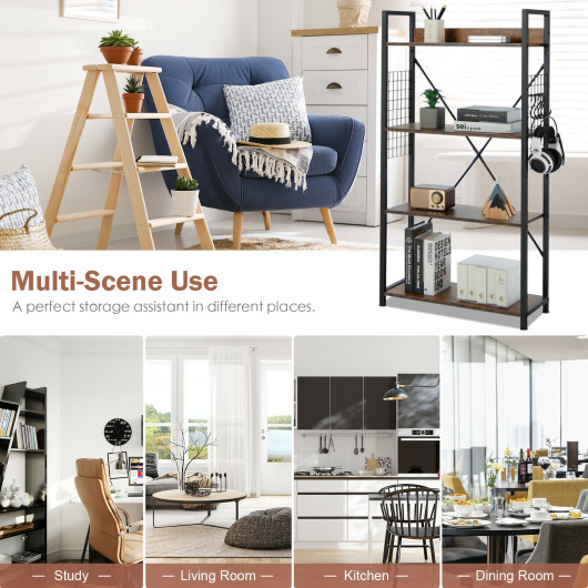 Industrial 4-Tier Bookshelf with Adjustable Shelf and Hooks 2 Industrial 4-Tier Bookshelf with Adjustable Shelf and Hooks - Image 2