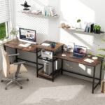 Rustic Brown 2-Person Desk with Power Outlet and Printer Stand 13 Rustic Brown 2-Person Desk with Power Outlet and Printer Stand