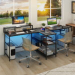 Reversible Double Desk with LED Lights and Ergonomic Monitor Stand