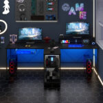Reversible Double Desk with LED Lights and Ergonomic Monitor Stand