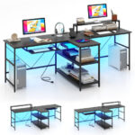 Reversible Double Desk with LED Lights and Ergonomic Monitor Stand