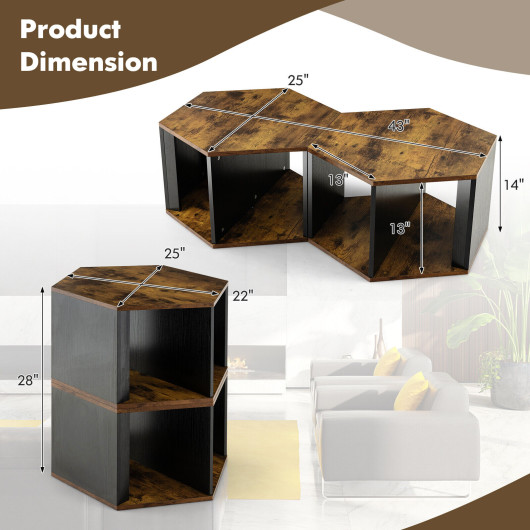 Hexagonal Stacking Side Tables with Storage for Living Room (Set of 2) 4 Hexagonal Stacking Side Tables with Storage for Living Room (Set of 2) - Image 4