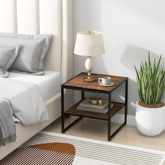 Industrial 2-Tier End Tables with Shelves Rustic Brown (Set of 2) 2 Industrial 2-Tier End Tables with Shelves Rustic Brown (Set of 2) - Image 2