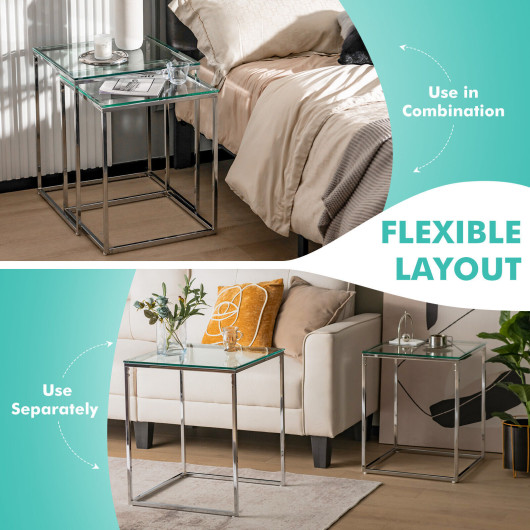 Modern Nesting Coffee Tables with Glass Top and Steel Frame (Set of 2) 6 Modern Nesting Coffee Tables with Glass Top and Steel Frame (Set of 2) - Image 6