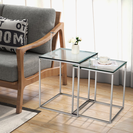 Modern Nesting Coffee Tables with Glass Top and Steel Frame (Set of 2) 2 Modern Nesting Coffee Tables with Glass Top and Steel Frame (Set of 2) - Image 2