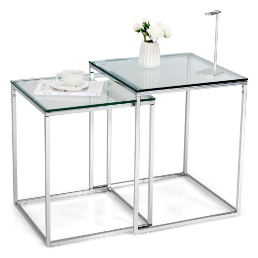 Modern Nesting Coffee Tables with Glass Top and Steel Frame (Set of 2) 3 Modern Nesting Coffee Tables with Glass Top and Steel Frame (Set of 2) - Image 3