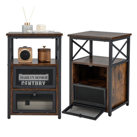 Rustic Brown Industrial Side Tables with Storage and Open Shelf (Set of 2) 3 Rustic Brown Industrial Side Tables with Storage and Open Shelf (Set of 2) - Image 3