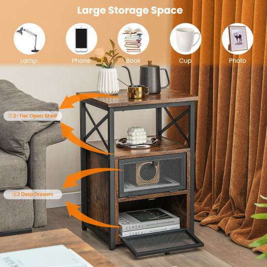 Rustic Brown Industrial Side Tables with Storage and Open Shelf (Set of 2) 6 Rustic Brown Industrial Side Tables with Storage and Open Shelf (Set of 2) - Image 6