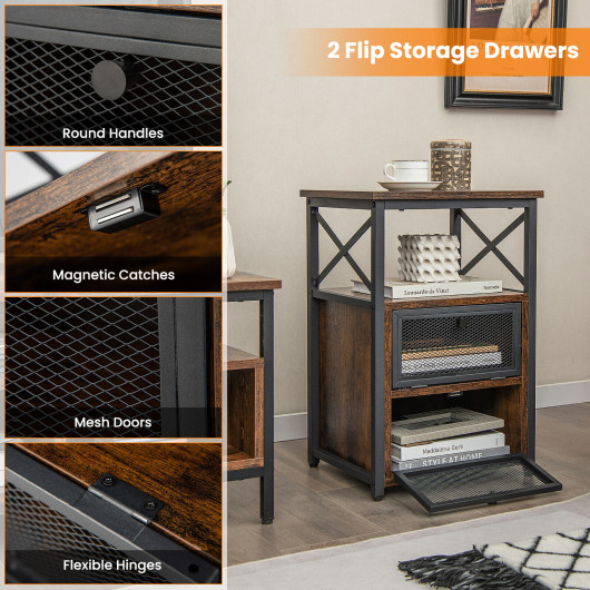 Rustic Brown Industrial Side Tables with Storage and Open Shelf (Set of 2) 7 Rustic Brown Industrial Side Tables with Storage and Open Shelf (Set of 2) - Image 7
