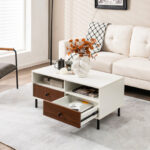 Modern White Coffee Table with Storage Shelf and Drawers