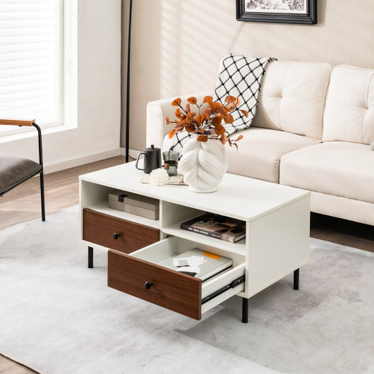 Modern White Coffee Table with Storage Shelf and Drawers - Image 2