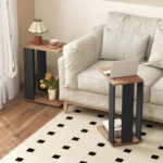 Rustic Brown 2-Tier C-Shaped End Table with Wheels