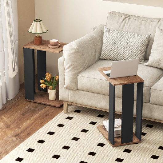 Rustic Brown 2-Tier C-Shaped End Table with Wheels - Image 2