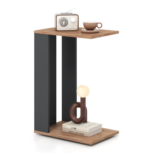Rustic Brown 2-Tier C-Shaped End Table with Wheels - Image 3