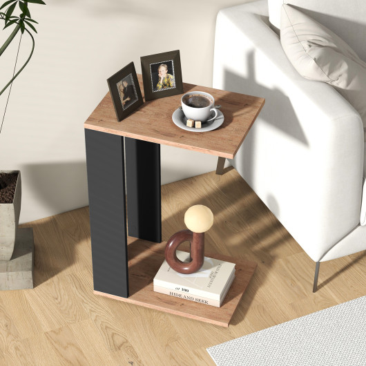 Rustic Brown 2-Tier C-Shaped End Table with Wheels - Image 6