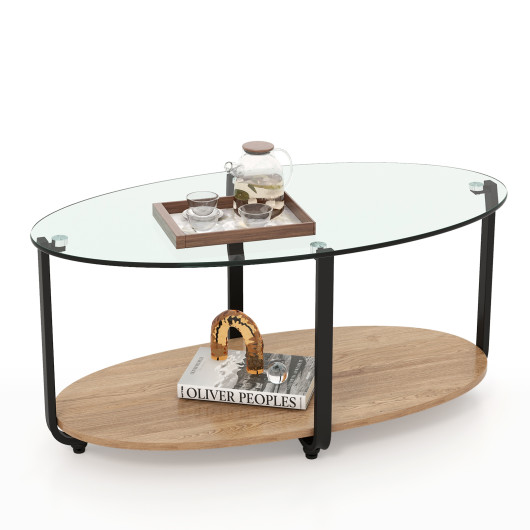 Modern 2-Tier Glass Oval Coffee Table with Wooden Shelf 4 Modern 2-Tier Glass Oval Coffee Table with Wooden Shelf - Image 4