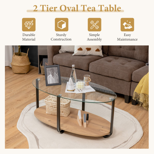 Modern 2-Tier Glass Oval Coffee Table with Wooden Shelf 6 Modern 2-Tier Glass Oval Coffee Table with Wooden Shelf - Image 6