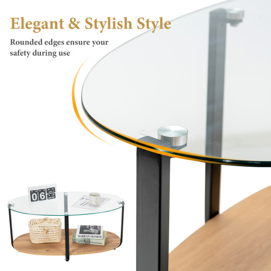 Modern 2-Tier Glass Oval Coffee Table with Wooden Shelf 7 Modern 2-Tier Glass Oval Coffee Table with Wooden Shelf - Image 7
