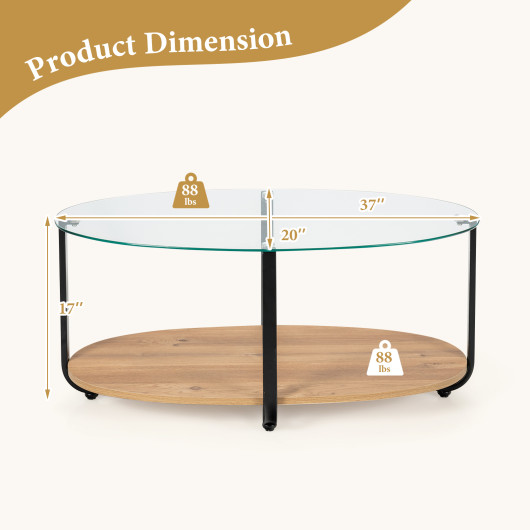 Modern 2-Tier Glass Oval Coffee Table with Wooden Shelf 5 Modern 2-Tier Glass Oval Coffee Table with Wooden Shelf - Image 5