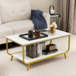 2-Tier Faux Marble Coffee Table with Metal Frame and Storage 8 2-Tier Faux Marble Coffee Table with Metal Frame and Storage