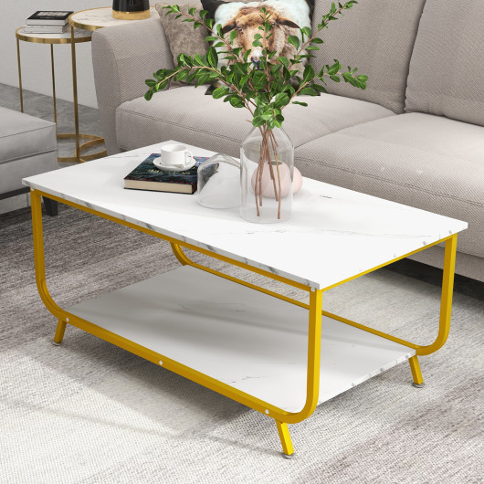 2-Tier Faux Marble Coffee Table with Metal Frame and Storage 2 2-Tier Faux Marble Coffee Table with Metal Frame and Storage - Image 2