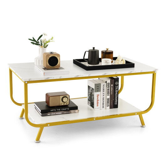 2-Tier Faux Marble Coffee Table with Metal Frame and Storage 3 2-Tier Faux Marble Coffee Table with Metal Frame and Storage - Image 3