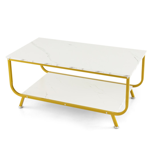 2-Tier Faux Marble Coffee Table with Metal Frame and Storage 4 2-Tier Faux Marble Coffee Table with Metal Frame and Storage - Image 4