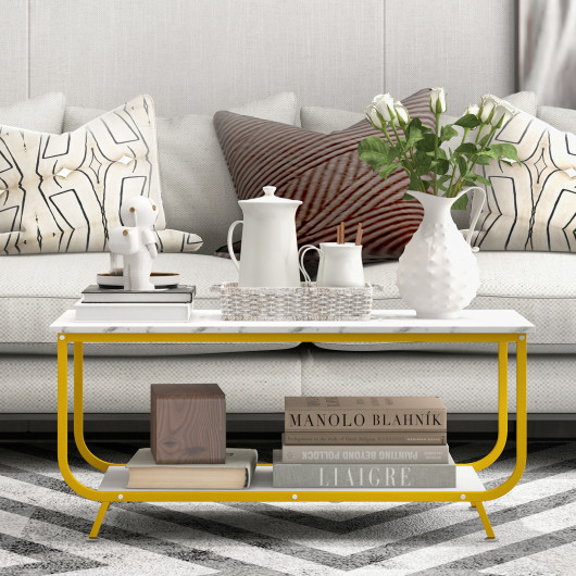 2-Tier Faux Marble Coffee Table with Metal Frame and Storage 6 2-Tier Faux Marble Coffee Table with Metal Frame and Storage - Image 6