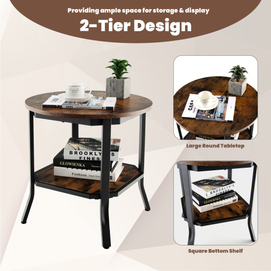 Industrial 2-Tier Round End Table with Storage Shelf Brown 7 Industrial 2-Tier Round End Table with Storage Shelf Brown - Image 7