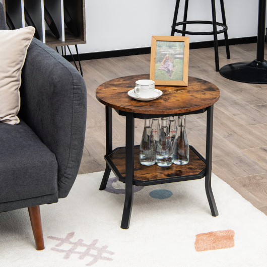 Industrial 2-Tier Round End Table with Storage Shelf Brown 2 Industrial 2-Tier Round End Table with Storage Shelf Brown - Image 2